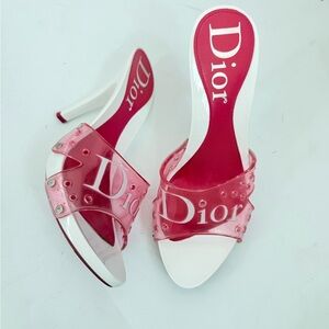 Christian Dior Vintage Pink PVC Logo High Heel Mules Sandals White Stiletto EU37